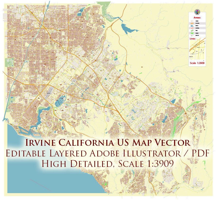 Irvine California USA Map Vector Exact City Plan High Detailed Street Map editable Adobe Illustrator in layers