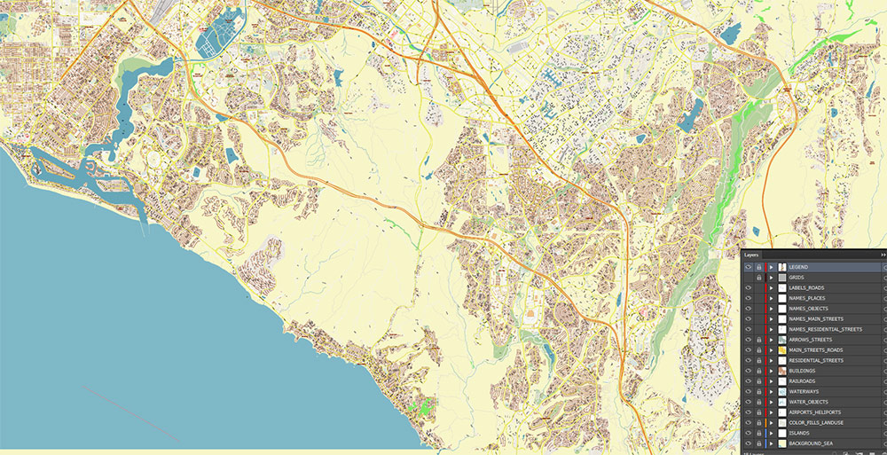 Irvine California USA Map Vector Exact City Plan High Detailed Street Map editable Adobe Illustrator in layers