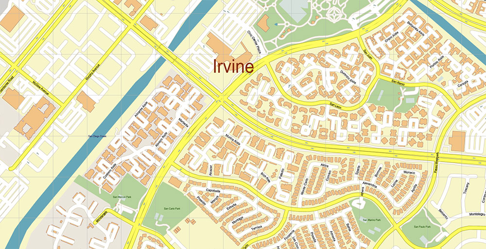 Irvine California USA Map Vector Exact City Plan High Detailed Street Map editable Adobe Illustrator in layers