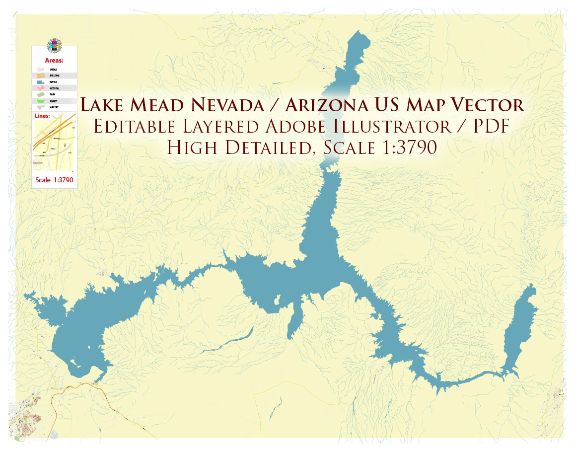 Lake Mead Arizona Nevada USA Map Vector Exact High Detailed Road Map editable Adobe Illustrator in layers