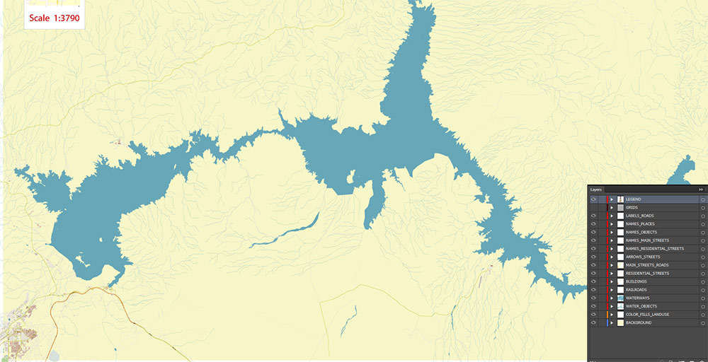 Lake Mead Arizona Nevada USA Map Vector Exact High Detailed Road Map editable Adobe Illustrator in layers