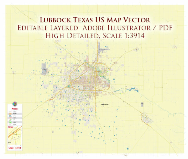 Lubbock Texas USA Map Vector Exact City Plan High Detailed Street Map editable Adobe Illustrator in layers
