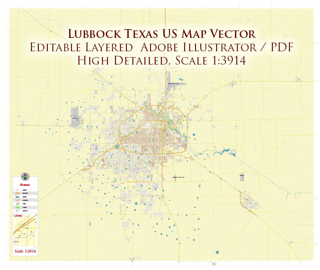 Lubbock Texas USA Map Vector Exact City Plan High Detailed Street Map editable Adobe Illustrator in layers
