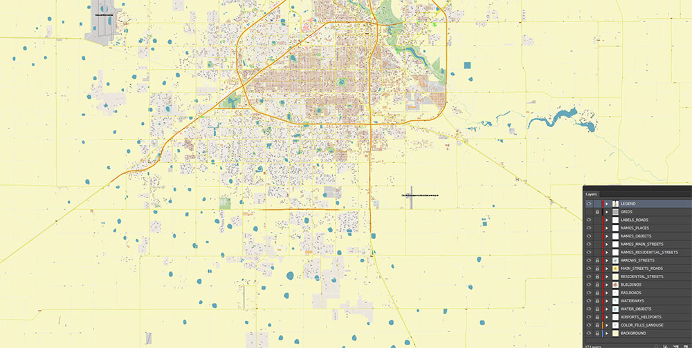Lubbock Texas USA Map Vector Exact City Plan High Detailed Street Map editable Adobe Illustrator in layers