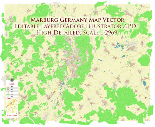 Marburg Germany Map Vector Exact City Plan High Detailed Street Map editable Adobe Illustrator in layers