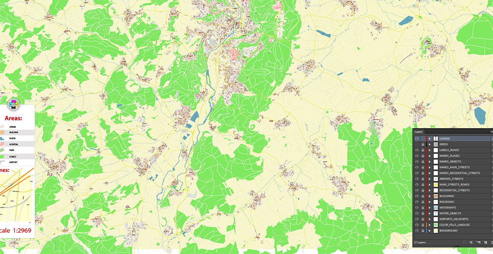 Marburg Germany Map Vector Exact City Plan High Detailed Street Map editable Adobe Illustrator in layers