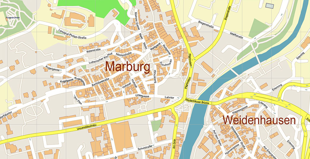 Marburg Germany Map Vector Exact City Plan High Detailed Street Map editable Adobe Illustrator in layers