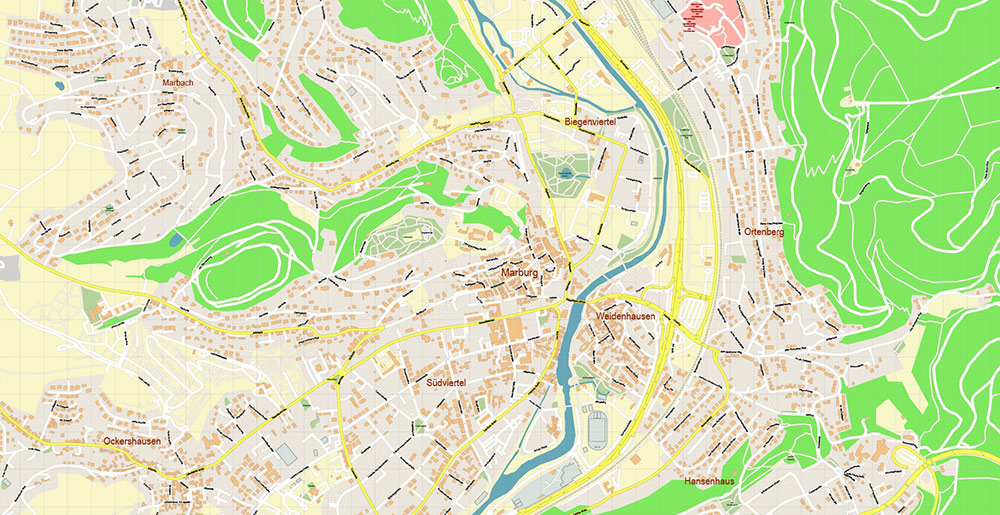 Marburg Germany Map Vector Exact City Plan High Detailed Street Map editable Adobe Illustrator in layers