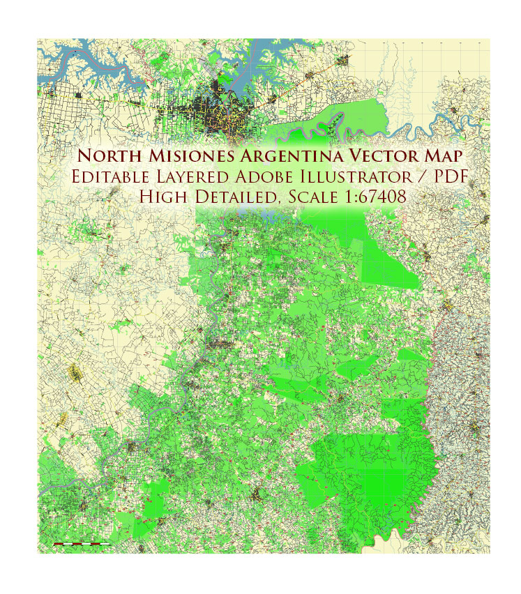 Northern region of Misiones Argentina Map Vector Exact High Detailed Road Map editable Adobe Illustrator in layers