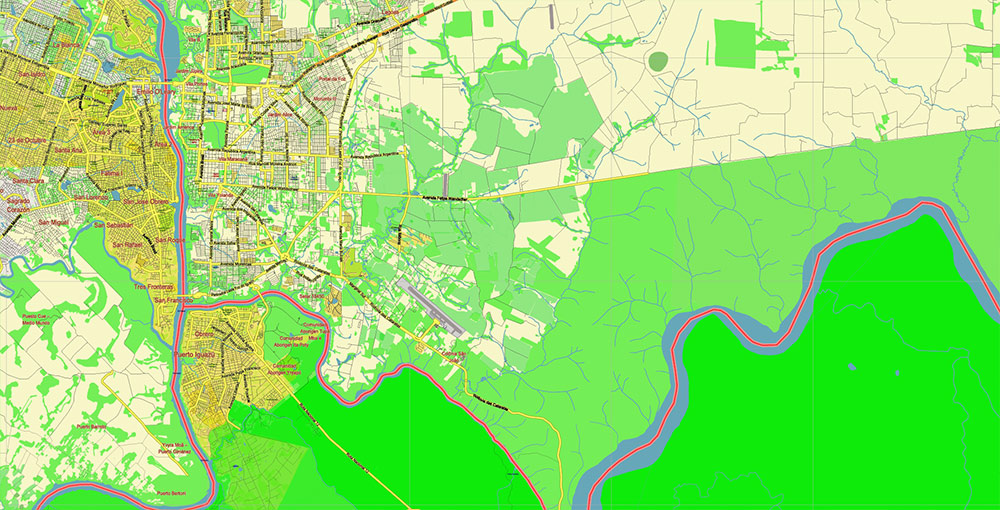 Northern region of Misiones Argentina Map Vector Exact High Detailed Road Map editable Adobe Illustrator in layers