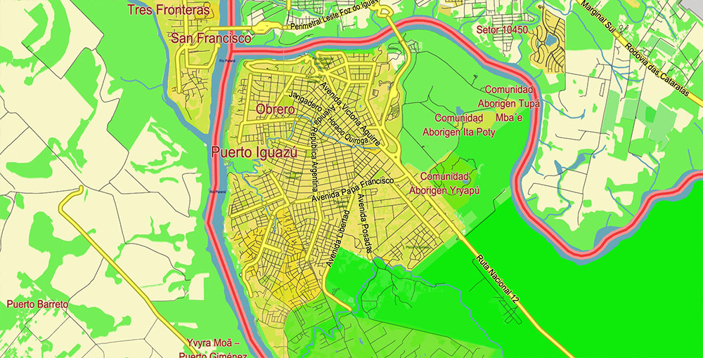 Northern region of Misiones Argentina Map Vector Exact High Detailed Road Map editable Adobe Illustrator in layers