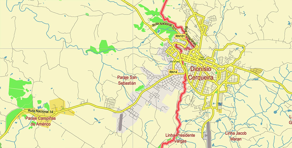 Northern region of Misiones Argentina Map Vector Exact High Detailed Road Map editable Adobe Illustrator in layers