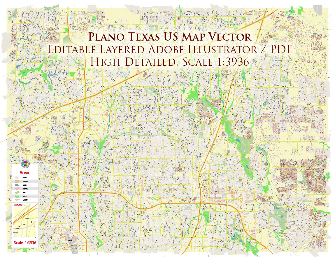 Plano Texas USA Map Vector Exact City Plan High Detailed Street Map editable Adobe Illustrator in layers