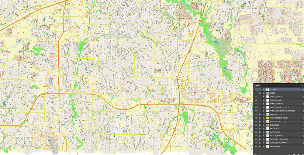 Plano Texas USA Map Vector Exact City Plan High Detailed Street Map editable Adobe Illustrator in layers