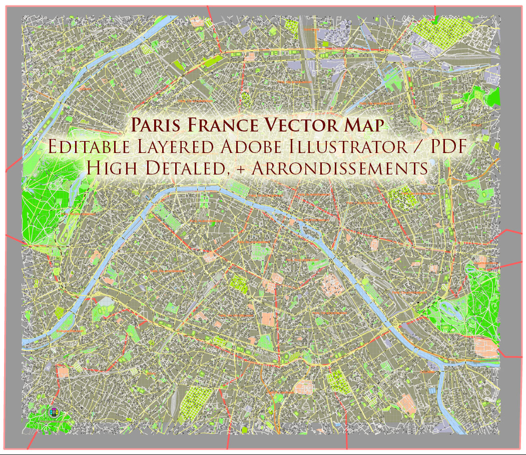 Paris France Map Vector Exact City Plan High Detailed Street Map + Arronissements (dark version) editable Adobe Illustrator in layers