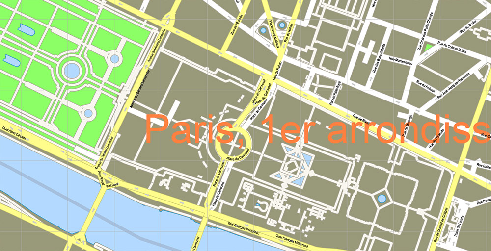 Paris France Map Vector Exact City Plan High Detailed Street Map + Arronissements (dark version) editable Adobe Illustrator in layers