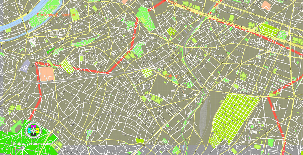 Paris France Map Vector Exact City Plan High Detailed Street Map + Arronissements (dark version) editable Adobe Illustrator in layers
