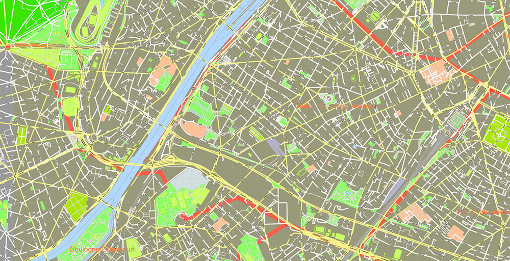 Paris France Map Vector Exact City Plan High Detailed Street Map + Arronissements (dark version) editable Adobe Illustrator in layers