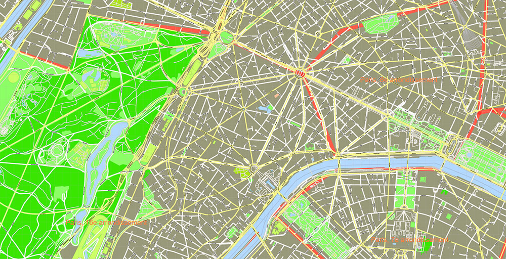 Paris France Map Vector Exact City Plan High Detailed Street Map + Arronissements (dark version) editable Adobe Illustrator in layers