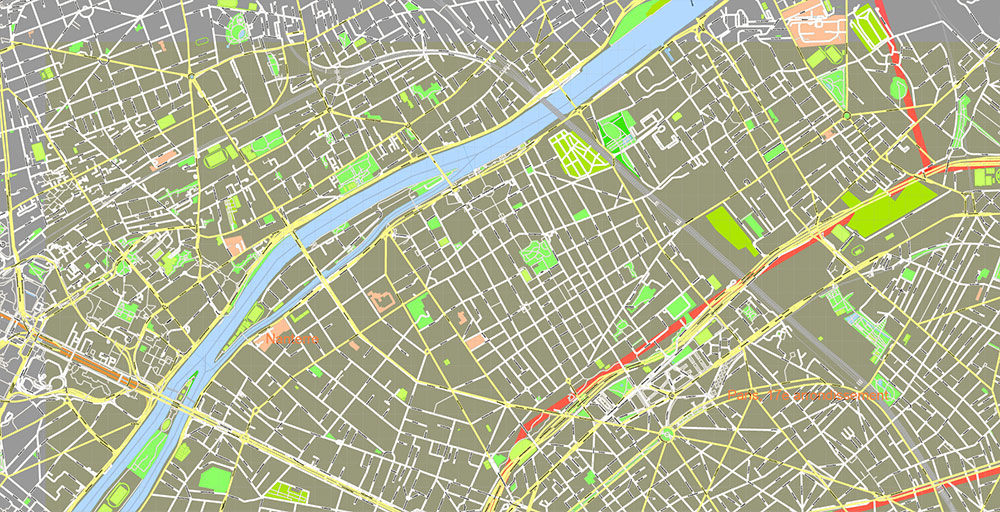 Paris France Map Vector Exact City Plan High Detailed Street Map + Arronissements (dark version) editable Adobe Illustrator in layers