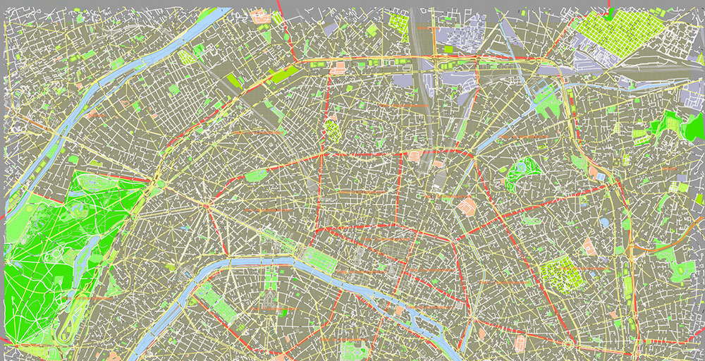 Paris France Map Vector Exact City Plan High Detailed Street Map + Arronissements (dark version) editable Adobe Illustrator in layers