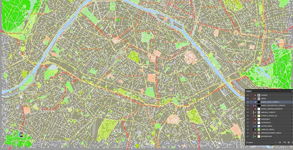 Paris France Map Vector Exact City Plan High Detailed Street Map + Arronissements (dark version) editable Adobe Illustrator in layers
