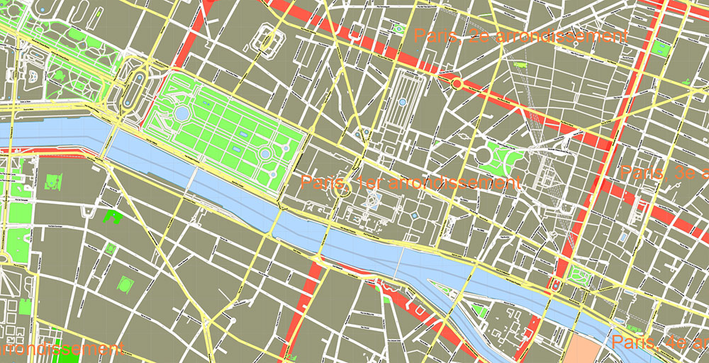 Paris France Map Vector Exact City Plan High Detailed Street Map + Arronissements (dark version) editable Adobe Illustrator in layers