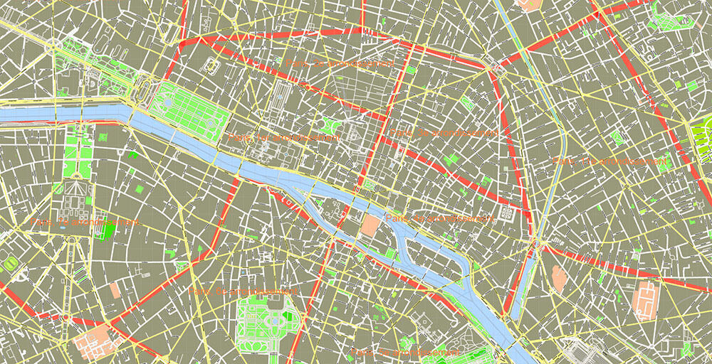 Paris France Map Vector Exact City Plan High Detailed Street Map + Arronissements (dark version) editable Adobe Illustrator in layers