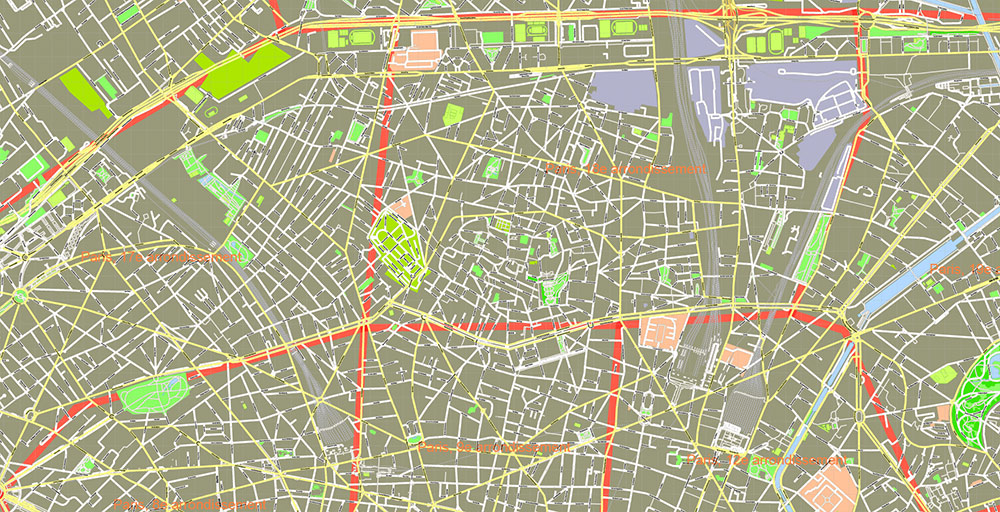 Paris France Map Vector Exact City Plan High Detailed Street Map + Arronissements (dark version) editable Adobe Illustrator in layers