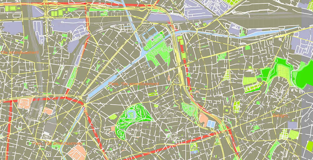 Paris France Map Vector Exact City Plan High Detailed Street Map + Arronissements (dark version) editable Adobe Illustrator in layers