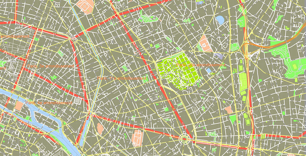 Paris France Map Vector Exact City Plan High Detailed Street Map + Arronissements (dark version) editable Adobe Illustrator in layers
