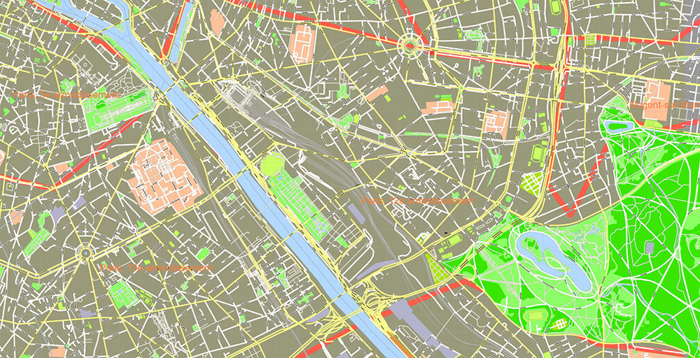Paris France Map Vector Exact City Plan High Detailed Street Map + Arronissements (dark version) editable Adobe Illustrator in layers