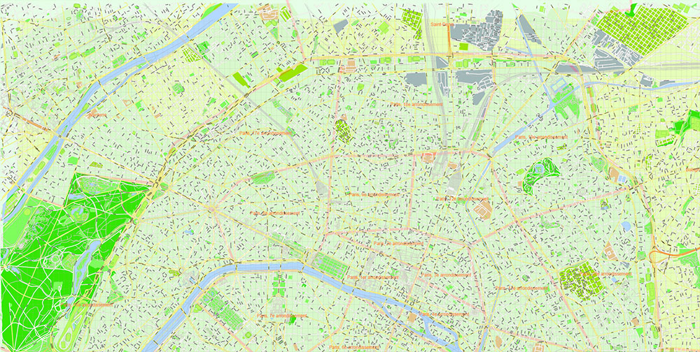 Paris France Map Vector Exact City Plan High Detailed Street Map + Arronissements editable Adobe Illustrator in layers