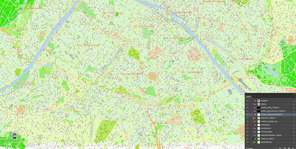 Paris France Map Vector Exact City Plan High Detailed Street Map + Arronissements editable Adobe Illustrator in layers