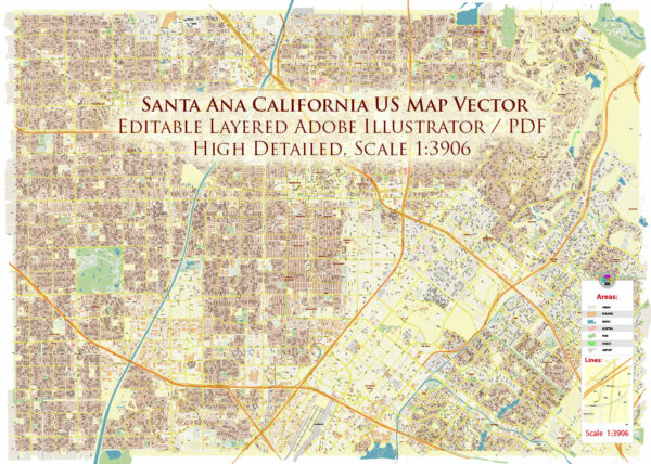 Santa Ana California USA Map Vector Exact City Plan High Detailed Street Map editable Adobe Illustrator in layers