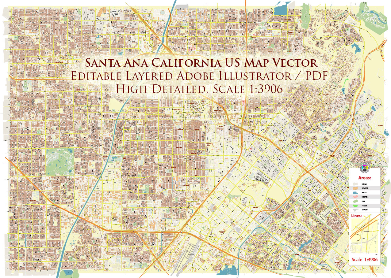 Santa Ana California USA Map Vector Exact City Plan High Detailed Street Map editable Adobe Illustrator in layers