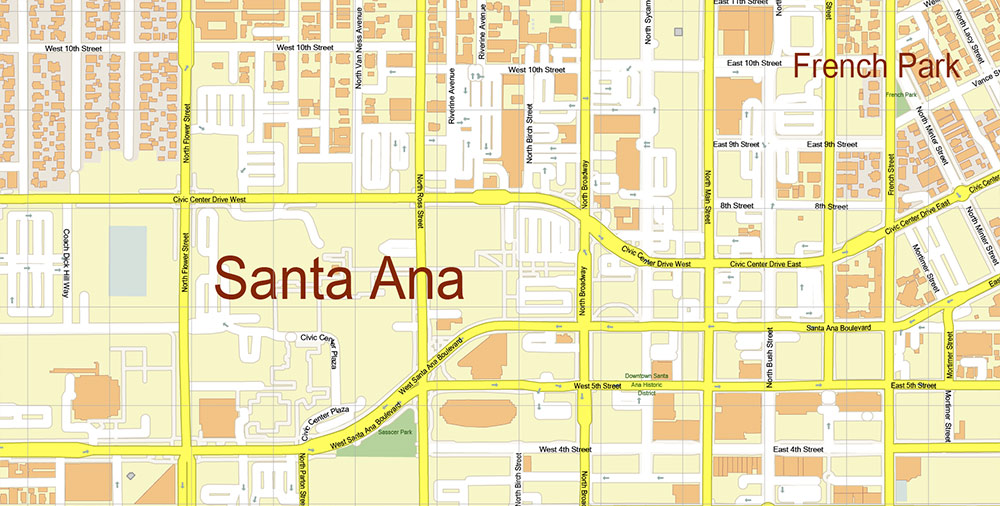 Santa Ana California USA Map Vector Exact City Plan High Detailed Street Map editable Adobe Illustrator in layers