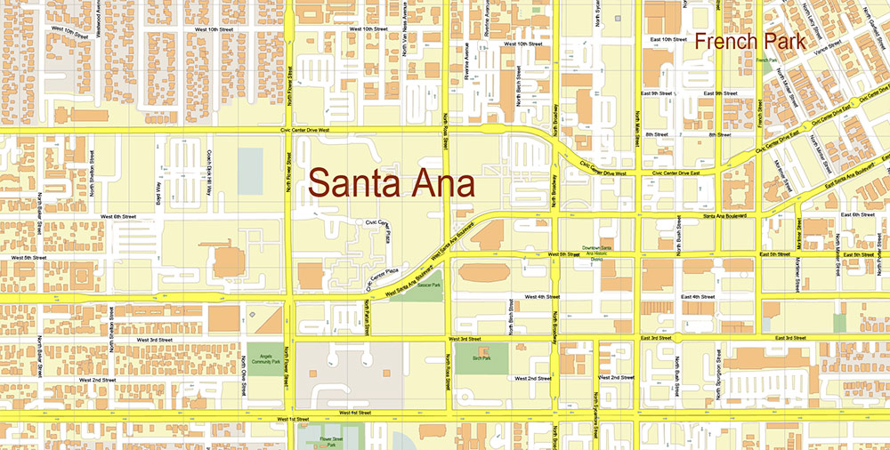 Santa Ana California USA Map Vector Exact City Plan High Detailed Street Map editable Adobe Illustrator in layers
