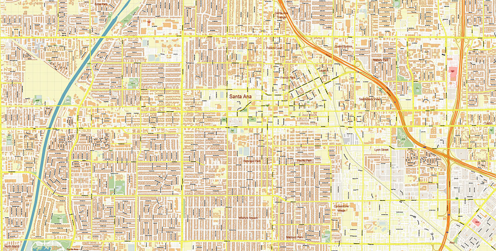 Santa Ana California USA Map Vector Exact City Plan High Detailed Street Map editable Adobe Illustrator in layers