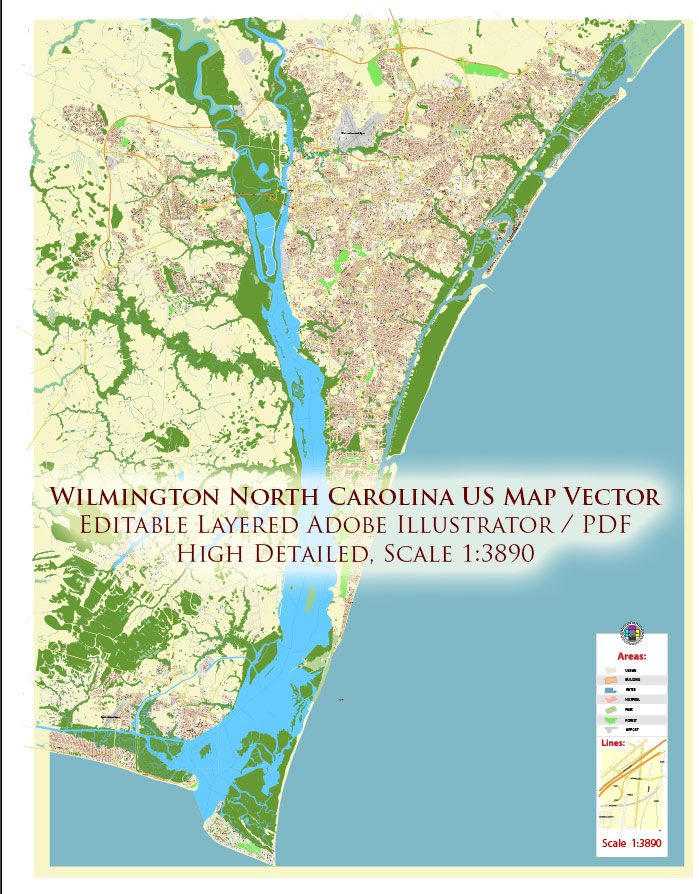 Wilmington North Carolina USA Map Vector Exact City Plan High Detailed Street Map editable Adobe Illustrator in layers