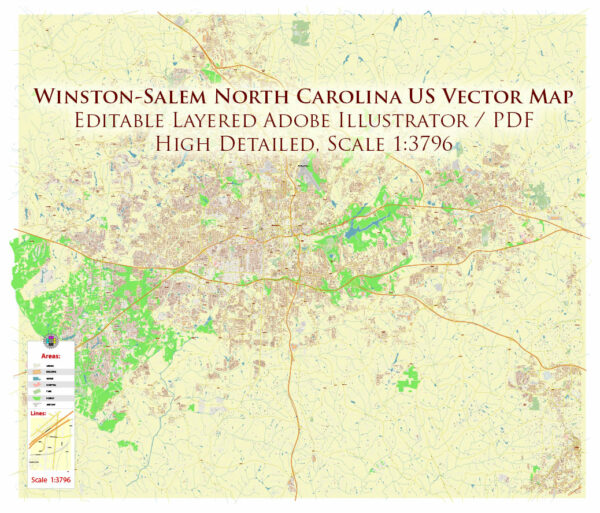 Winston-Salem North Carolina USA Map Vector Exact City Plan High Detailed Street Map editable Adobe Illustrator in layers