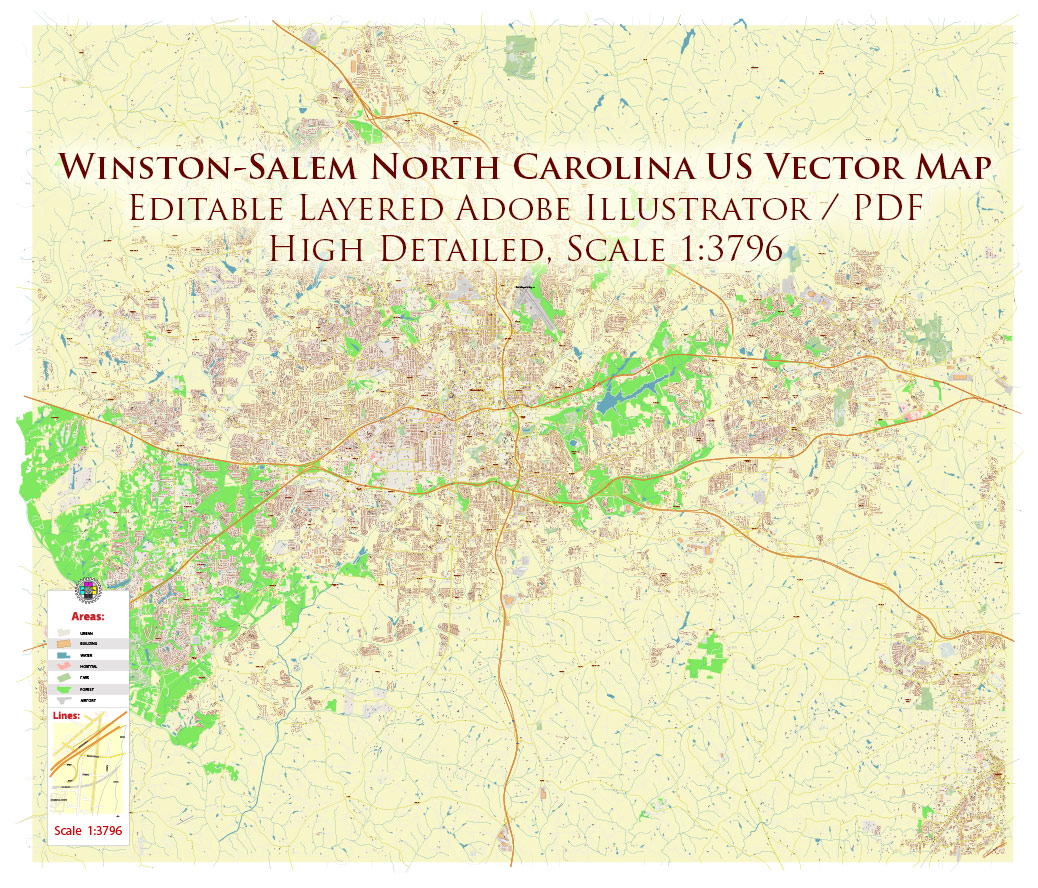 Winston-Salem North Carolina USA Map Vector Exact City Plan High Detailed Street Map editable Adobe Illustrator in layers