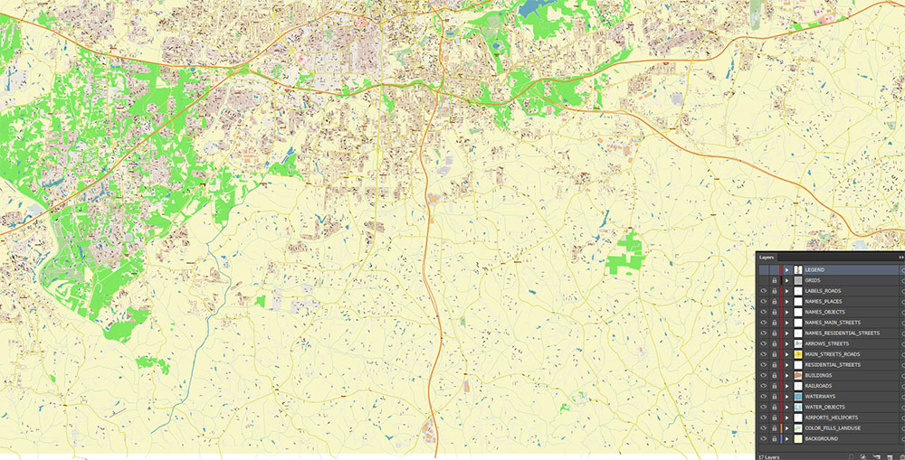 Winston-Salem North Carolina USA Map Vector Exact City Plan High Detailed Street Map editable Adobe Illustrator in layers
