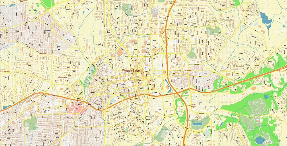 Winston-Salem North Carolina USA Map Vector Exact City Plan High Detailed Street Map editable Adobe Illustrator in layers