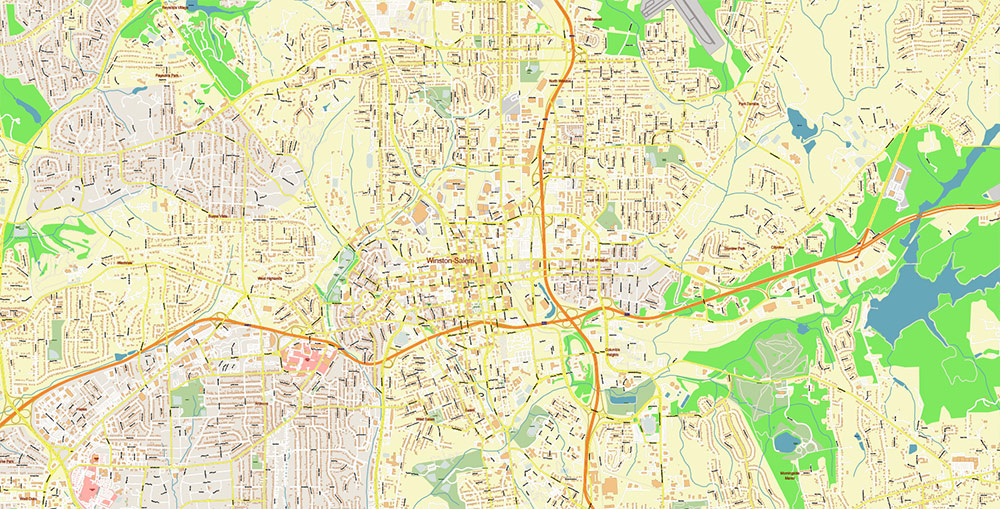 Winston-Salem North Carolina USA Map Vector Exact City Plan High Detailed Street Map editable Adobe Illustrator in layers