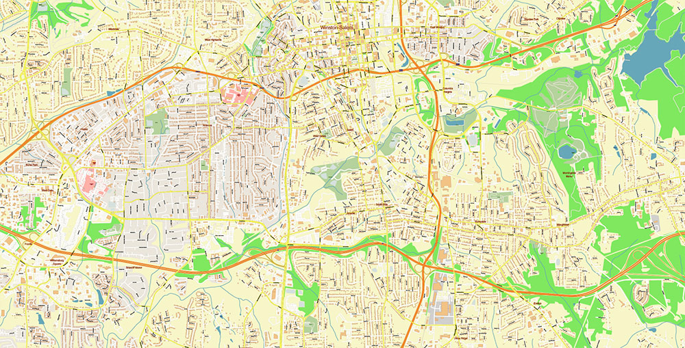 Winston-Salem North Carolina USA Map Vector Exact City Plan High Detailed Street Map editable Adobe Illustrator in layers