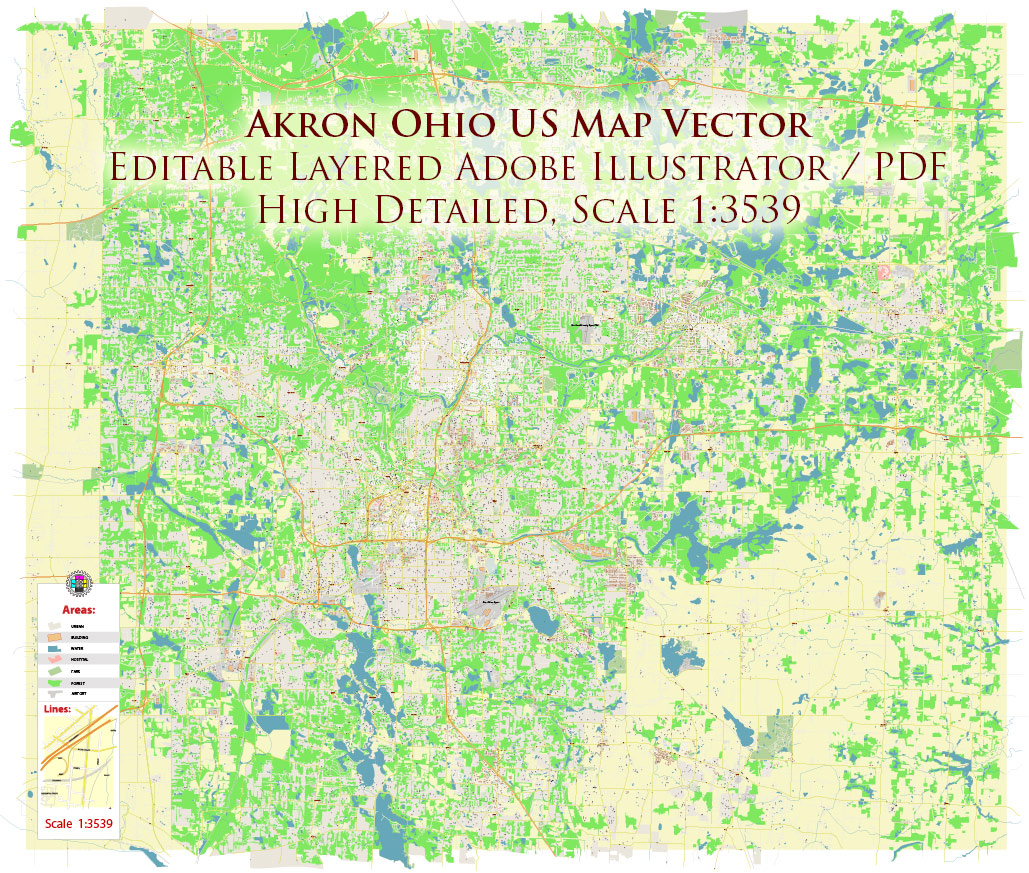 Akron Ohio USA Map Vector Exact City Plan High Detailed Street Map editable Adobe Illustrator in layers