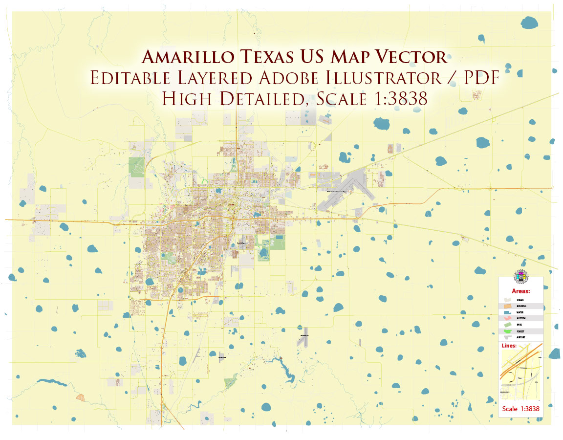 Amarillo Texas USA Map Vector Exact City Plan High Detailed Street Map editable Adobe Illustrator in layers