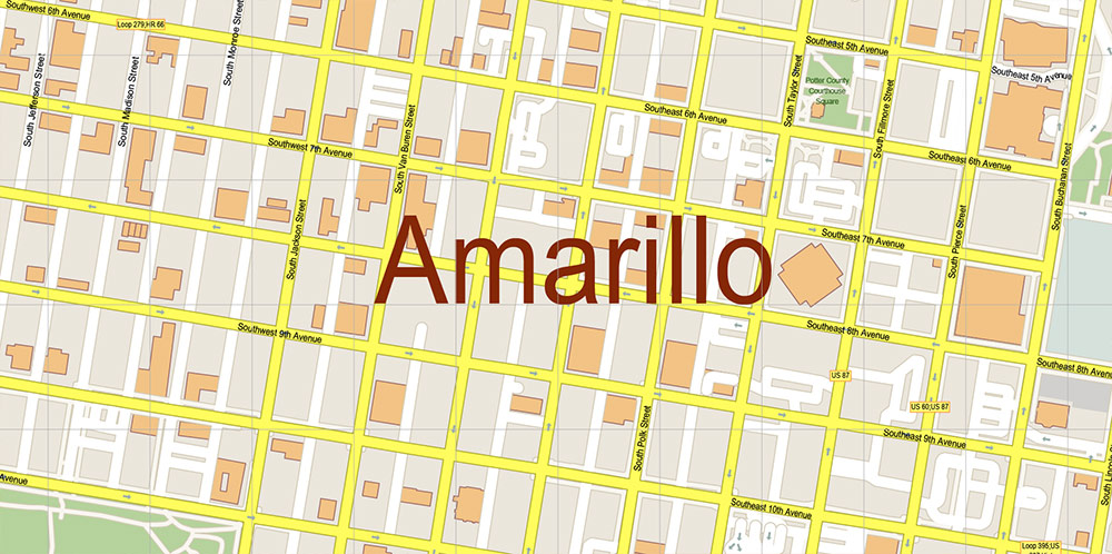 Amarillo Texas USA Map Vector Exact City Plan High Detailed Street Map editable Adobe Illustrator in layers