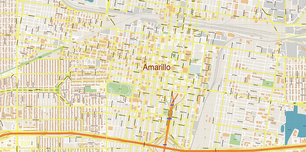 Amarillo Texas USA Map Vector Exact City Plan High Detailed Street Map editable Adobe Illustrator in layers